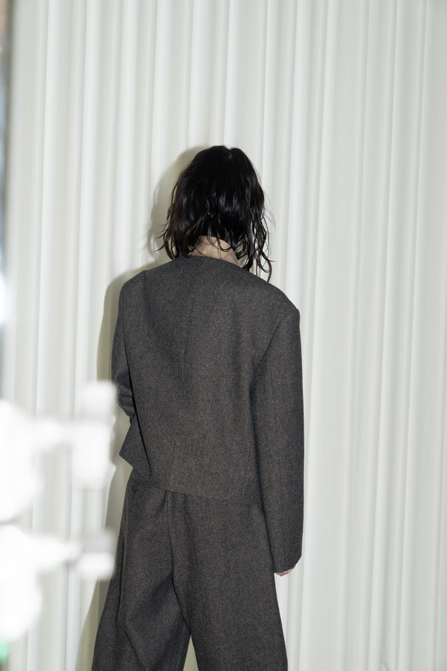 拼接領收腰短版西外 (褐棕)