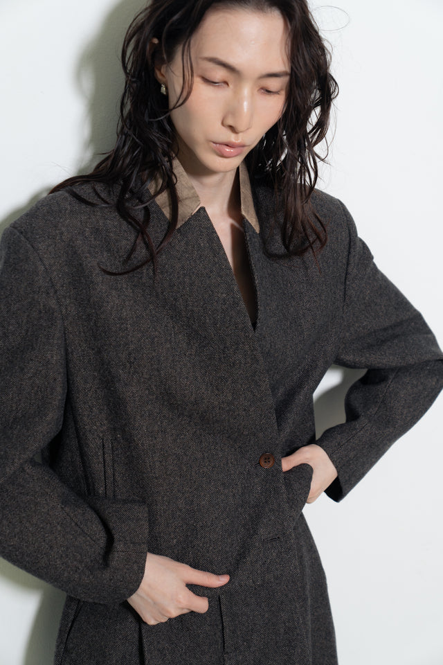 拼接領收腰短版西外 (褐棕)