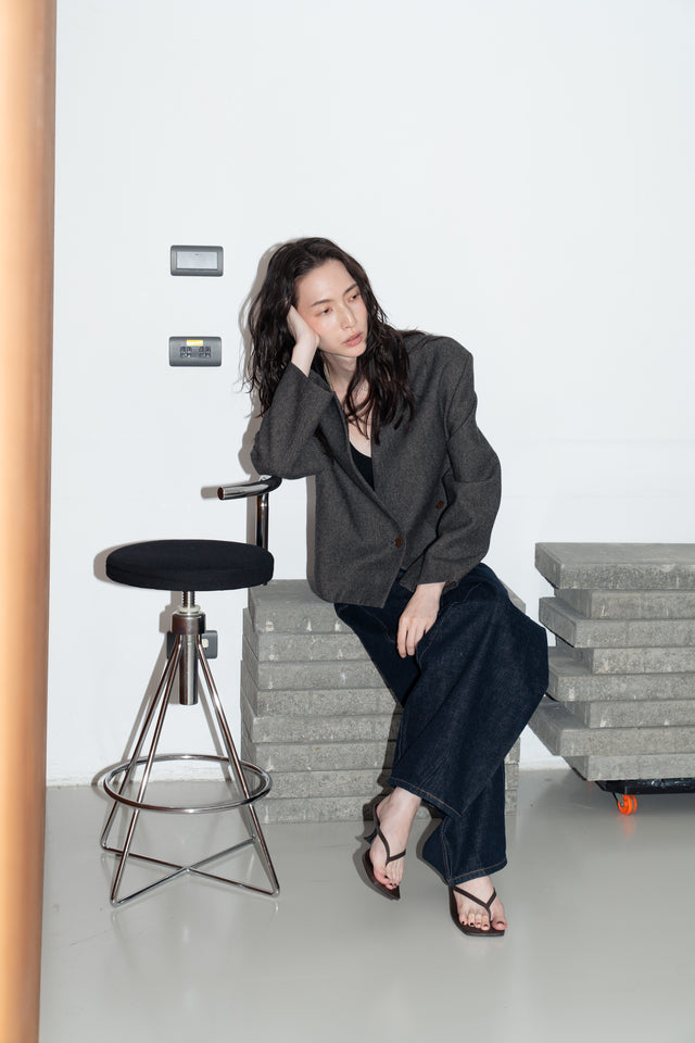 拼接領收腰短版西外 (褐棕)