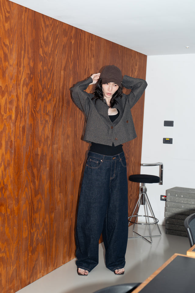 拼接領收腰短版西外 (褐棕)