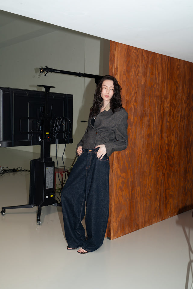 拼接領收腰短版西外 (褐棕)