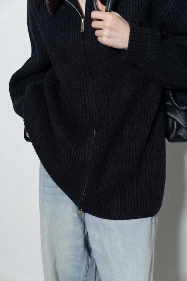 Unisex 拉鍊設計羊毛針織大外套 (黑)