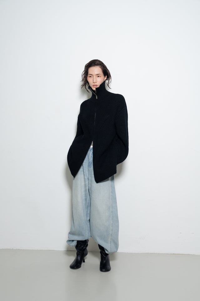 Unisex 拉鍊設計羊毛針織大外套 (黑)