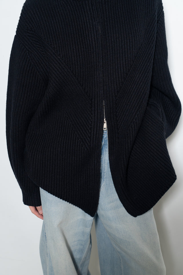 Unisex 拉鍊設計羊毛針織大外套 (黑)