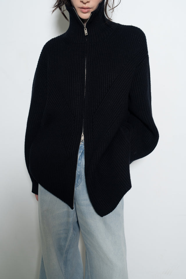 Unisex 拉鍊設計羊毛針織大外套 (黑)