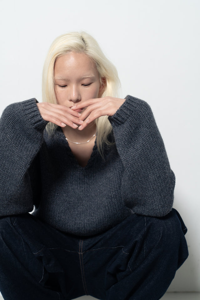 麻花領鬆軟大毛衣 (霧灰藍)