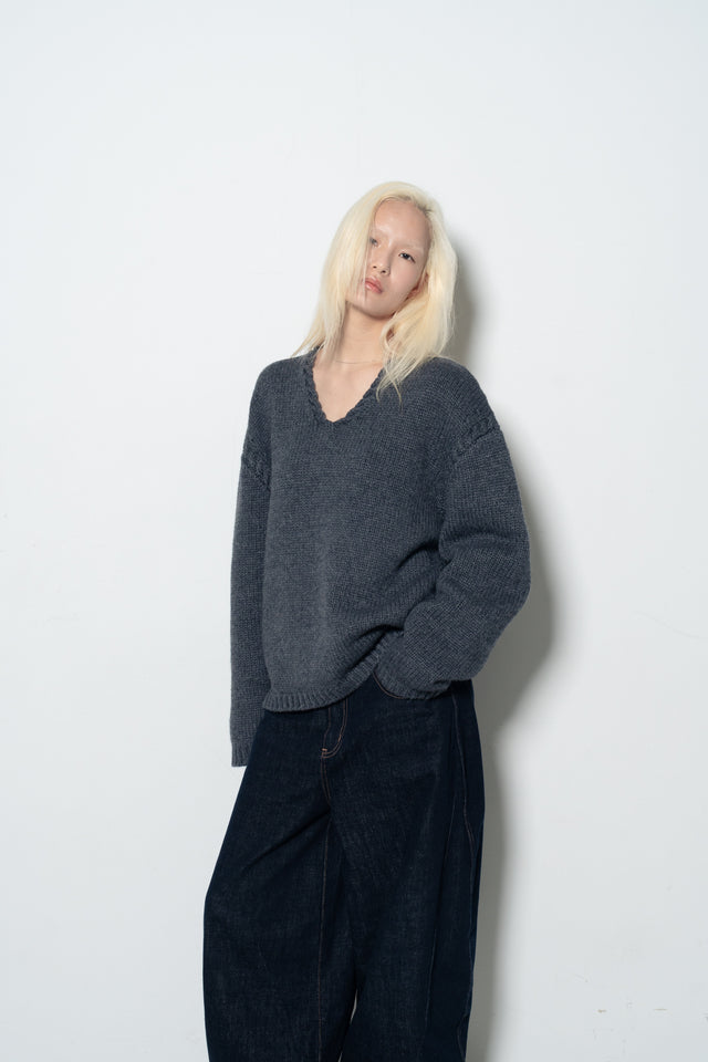 Soft, oversized sweater with a cable knit collar (dusty gray-blue)