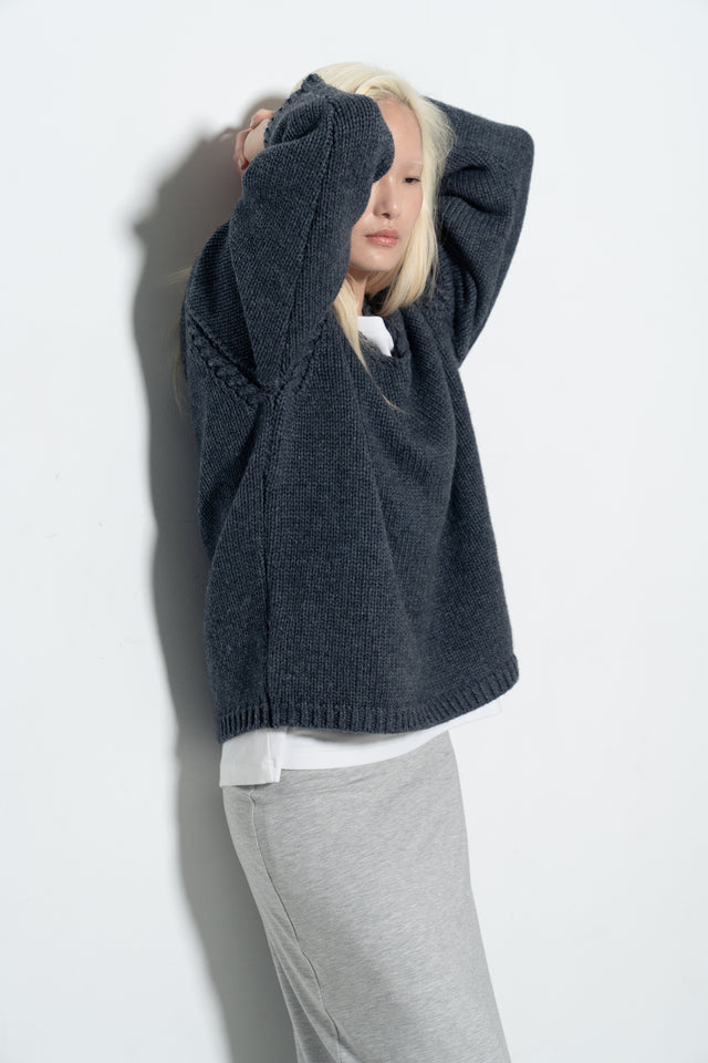 麻花領鬆軟大毛衣 (霧灰藍)