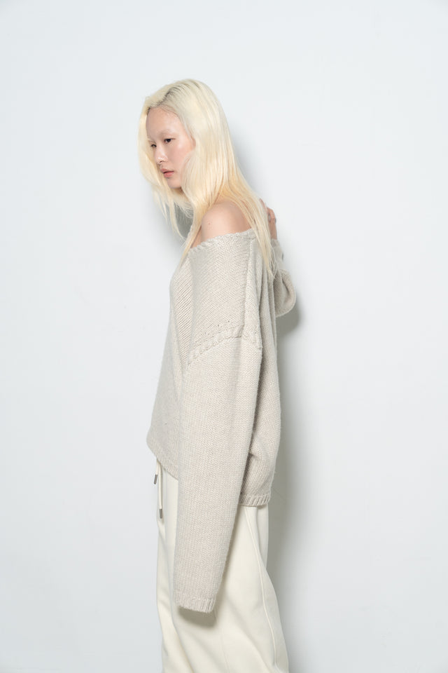 麻花領鬆軟大毛衣 (灰米)