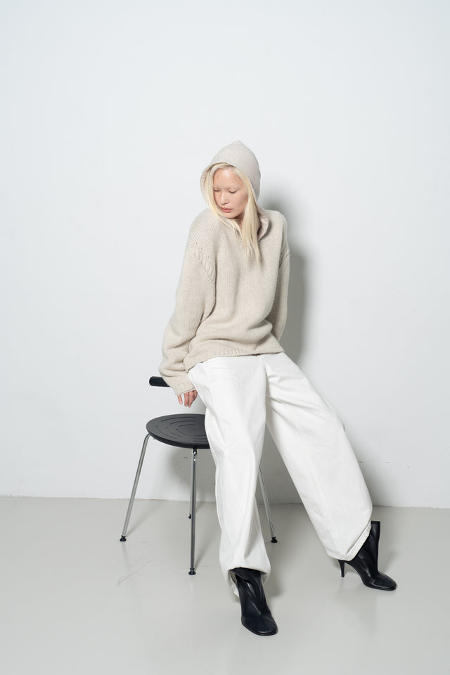 麻花領鬆軟大毛衣 (灰米)