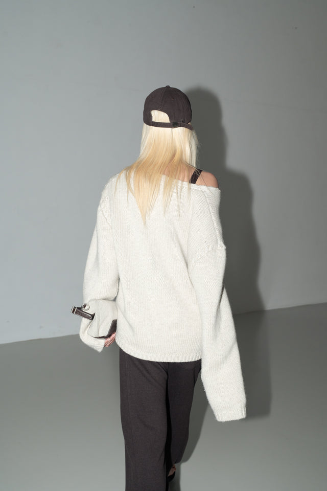 麻花領鬆軟大毛衣 (灰米)