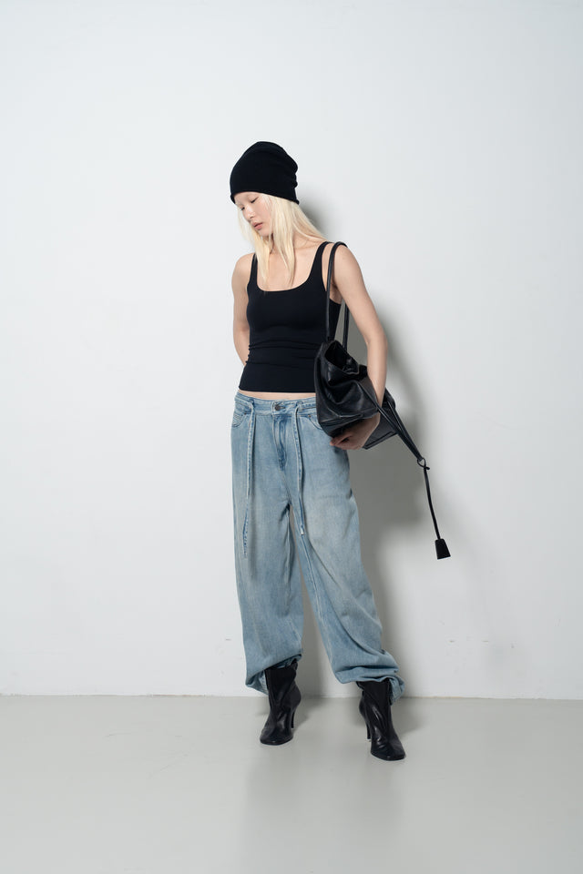 Ultra Soft Comfortable Single-Pleat Denim Pants (Wash Blue)