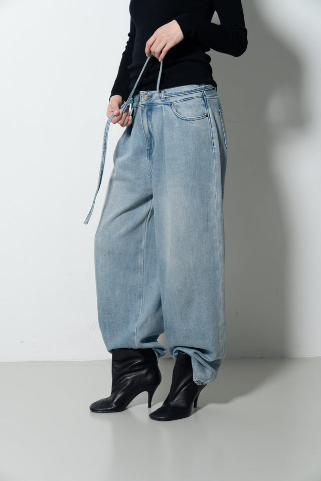 Ultra Soft Comfortable Single-Pleat Denim Pants (Wash Blue)