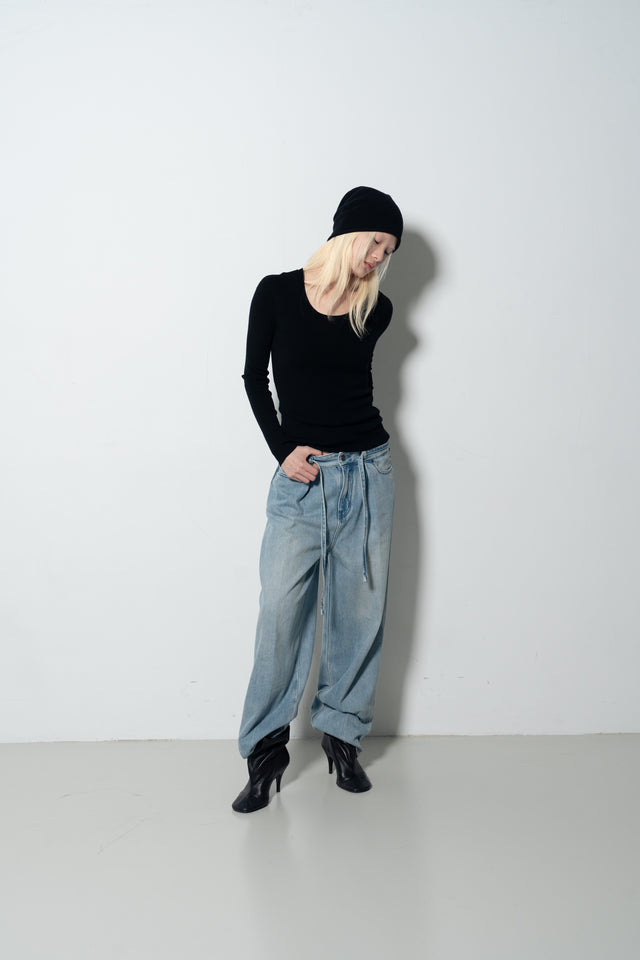 Ultra Soft Comfortable Single-Pleat Denim Pants (Wash Blue)