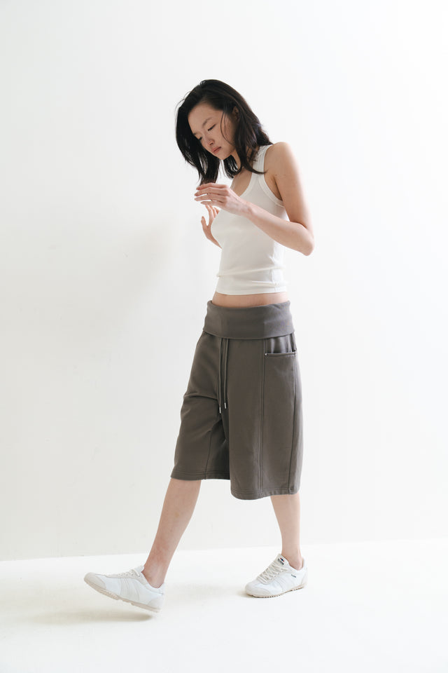 寬腰反摺六分棉褲 (橄欖)