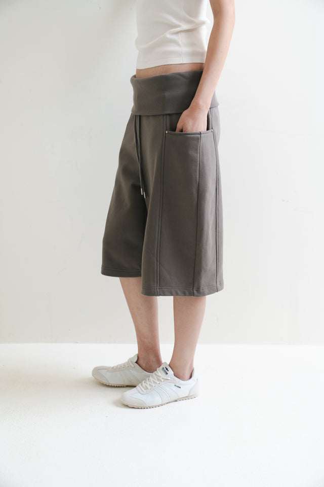 寬腰反摺六分棉褲 (橄欖)