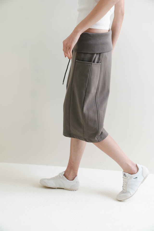 寬腰反摺六分棉褲 (橄欖)