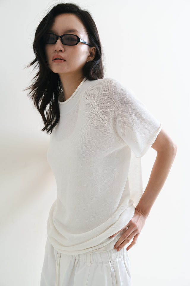 Airy 和紙紗微領針織短袖 (柔白)