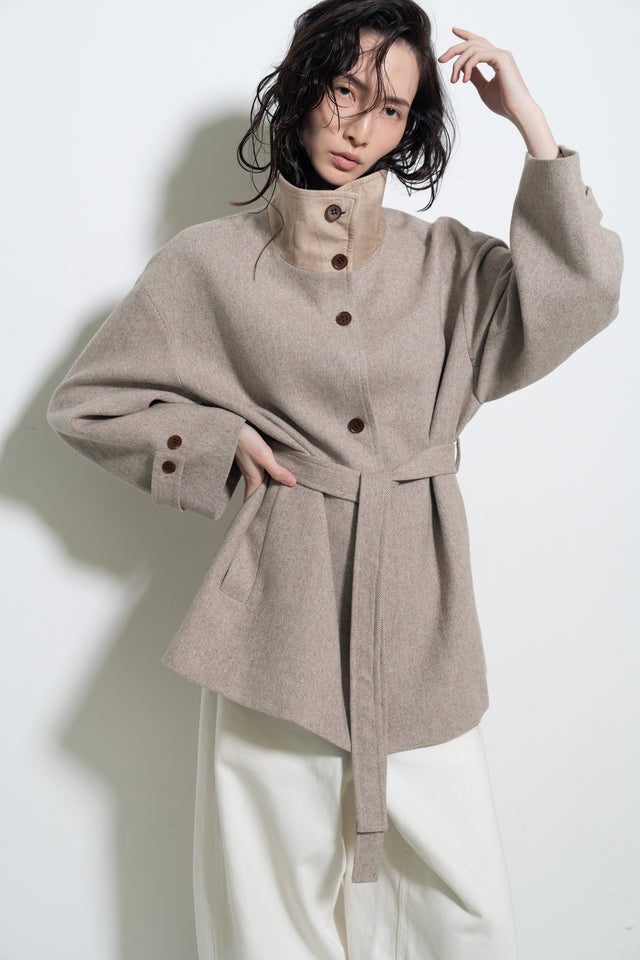 拼色立領中版羊毛大衣 (裸麥)