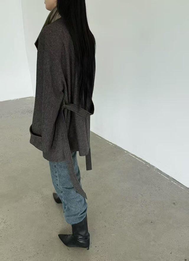 拼色立領中版羊毛大衣 (褐棕)