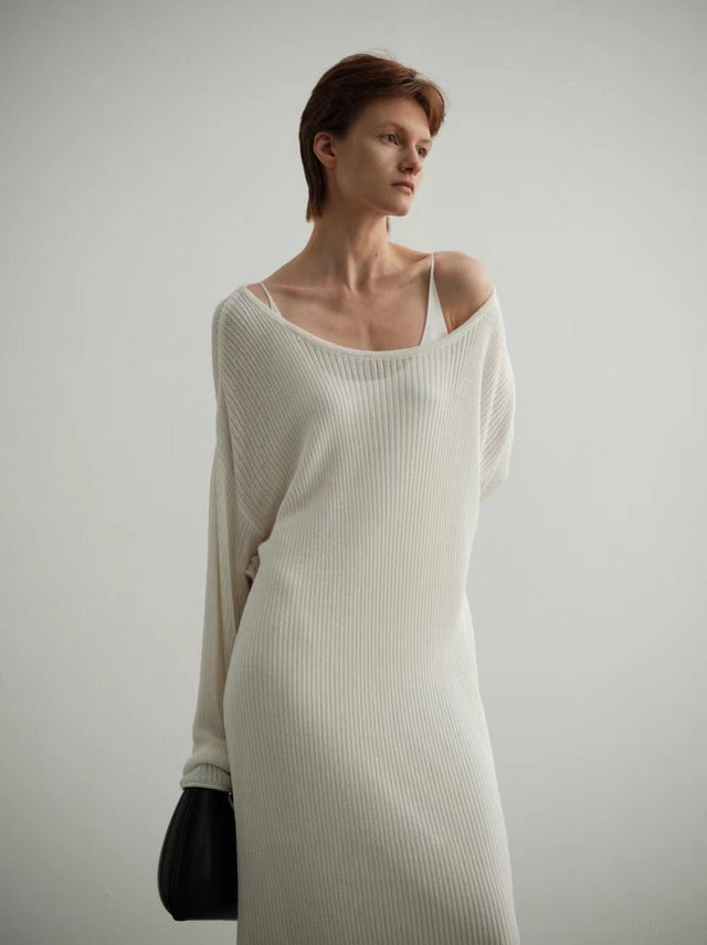 針織洋裝-tapered-shoulder-arc-collar-knitted-dress-white