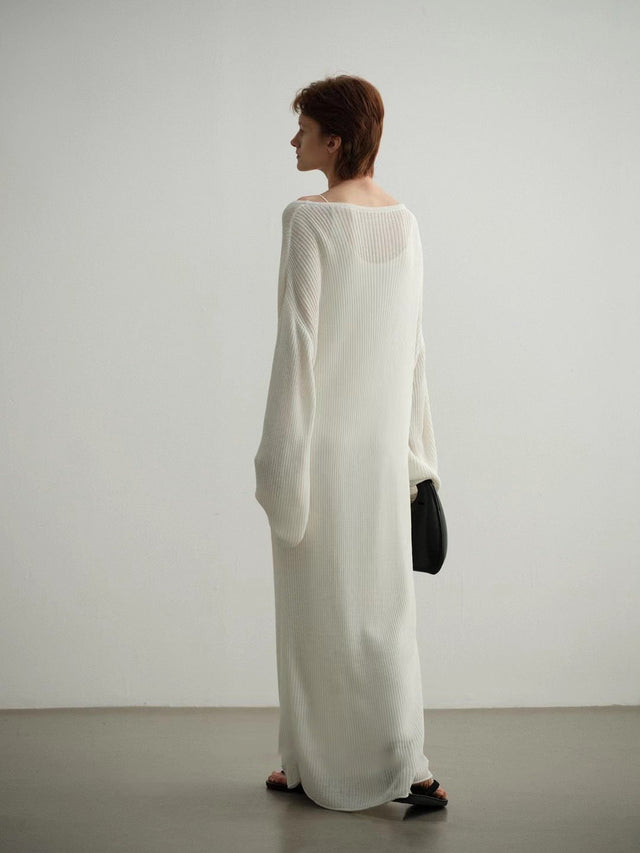 針織洋裝-tapered-shoulder-arc-collar-knitted-dress-white