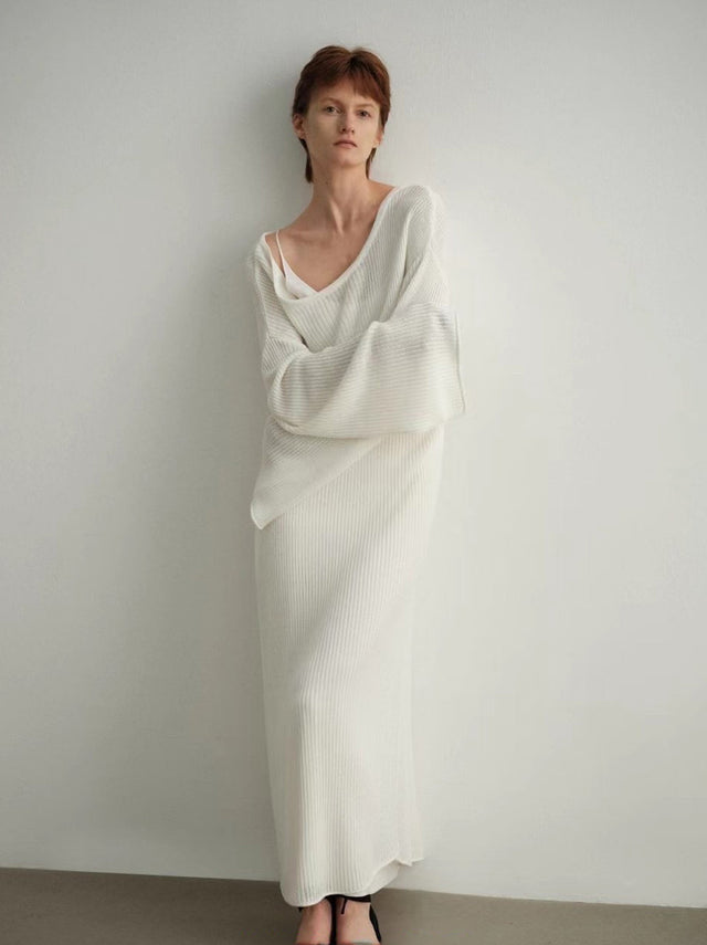 針織洋裝-tapered-shoulder-arc-collar-knitted-dress-white